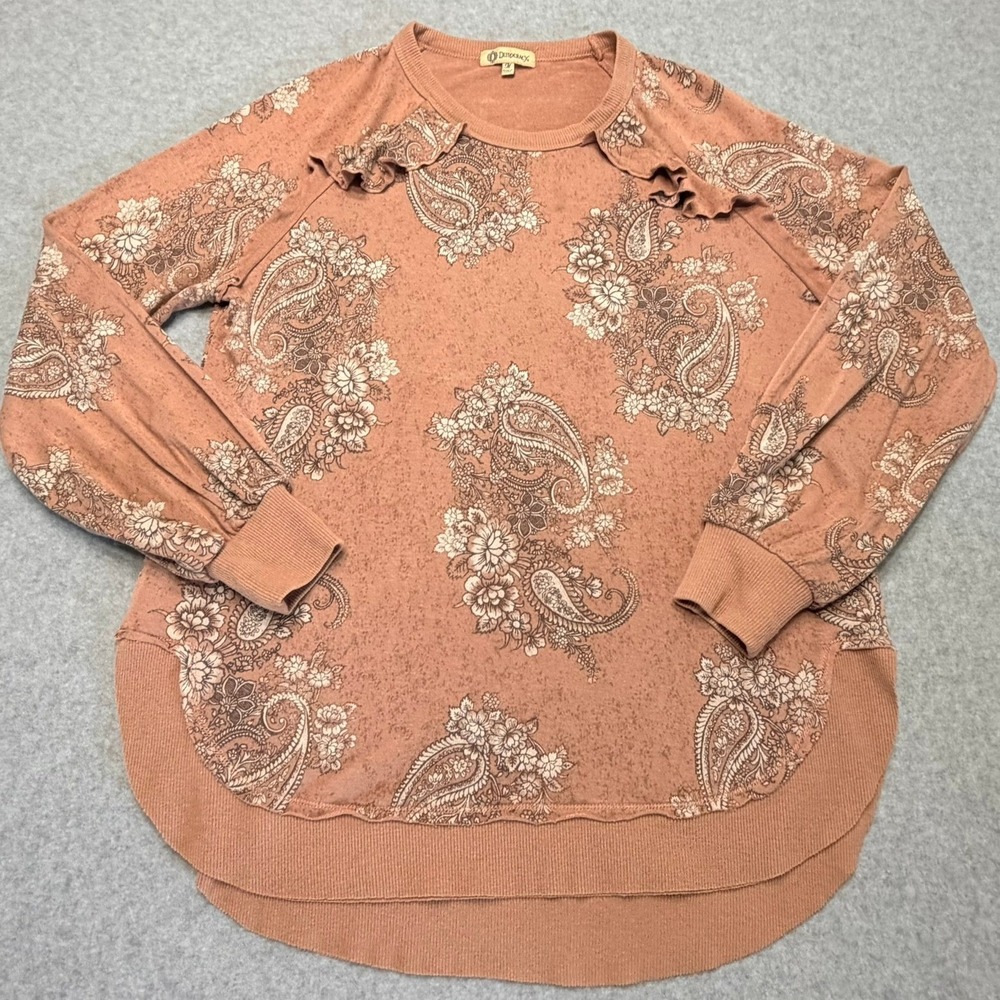 Democracy Womens Paisley Floral Ruffle Shoulder High Low Top Terracotta Medium